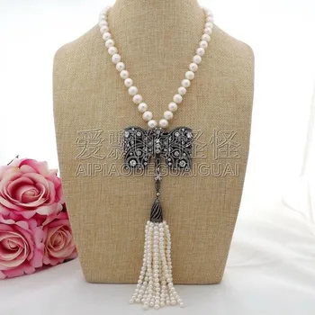 

N100204 19" White Pearl Tassel Necklace CZ Pendant