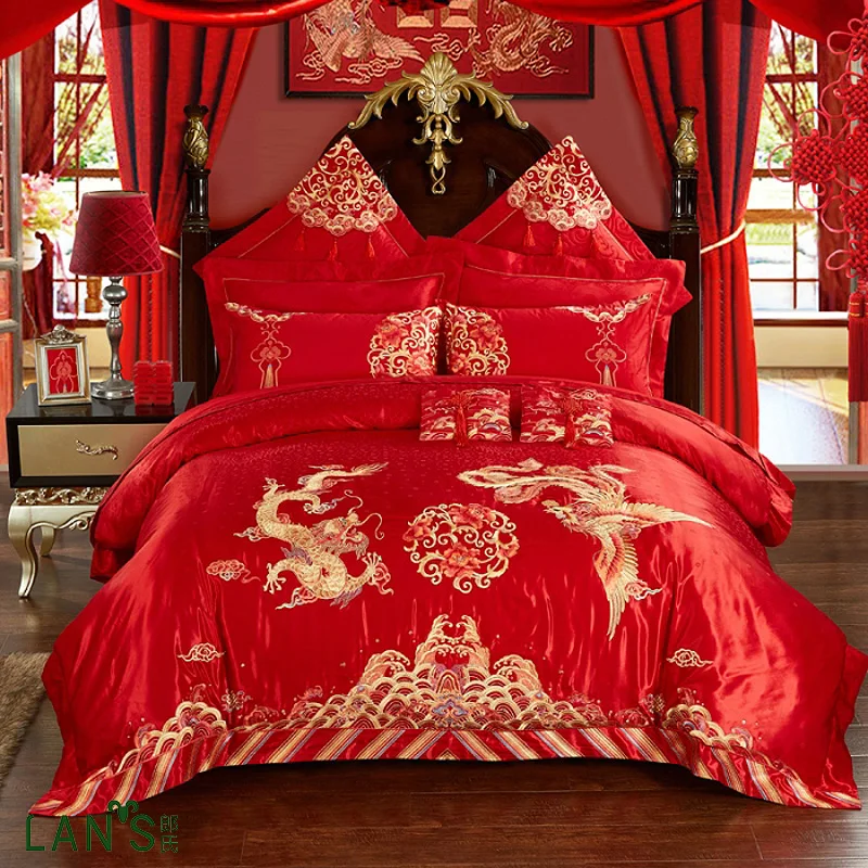 Jacquard Satin 4pcs Bedding Sets 2016 Luxury 100cotton Chinese Red Dragon Embroidery Duvet