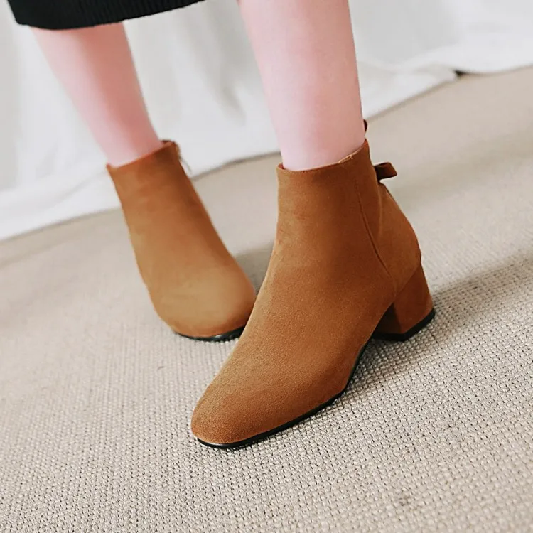 

Big Size 11 12 13 14 Fur-faced square-headed square-heeled boots with butterfly-knotted side zipper Martin boots
