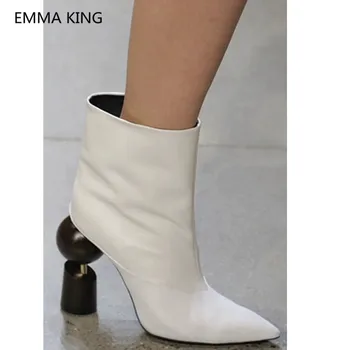 

Newest Runway Strange Block Heel Ankle Boots For Women Pointed Toe Abnormal Short Botas Largas Mujer Leather Party Shoes Woman