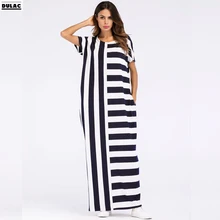 

2018 Summer Women Fashion O-Neck Short Sleeve Casual Loose Large Striped Knit Ramadan Middle East Robe Muslims Abaya Long Dress