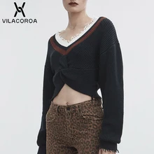 Женский свитер с v-образным вырезом, с открученным узлом, с высокой талией, короткий, с открытыми плечами, с длинными рукавами, пуловеры, свитер для женщин, sueter mujer