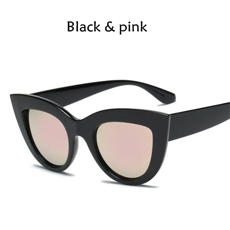 Retro Thick Frame Cat Eye Sunglasses Women Ladies Fashion Brand Designer Mirror Lens Cateye Sun Glasses For Female - Lenses Color: Bpink