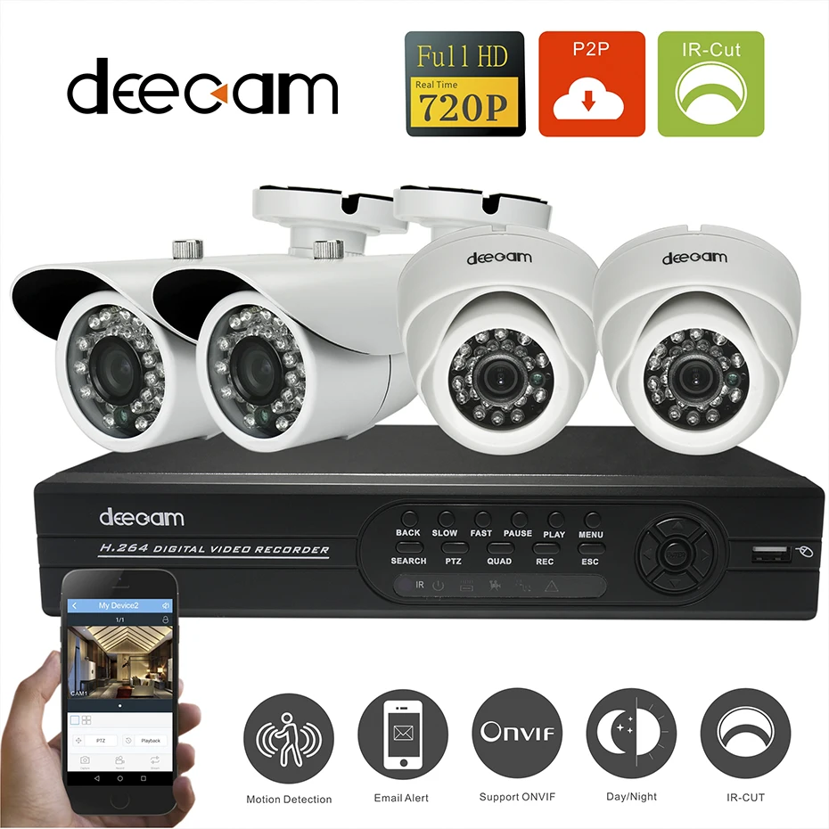 Deecam 4ch CCTV System DVR Recorder Night Vision Camera 1200TVL Outdoor Home Security Camera System 720P Camaras De Seguridad