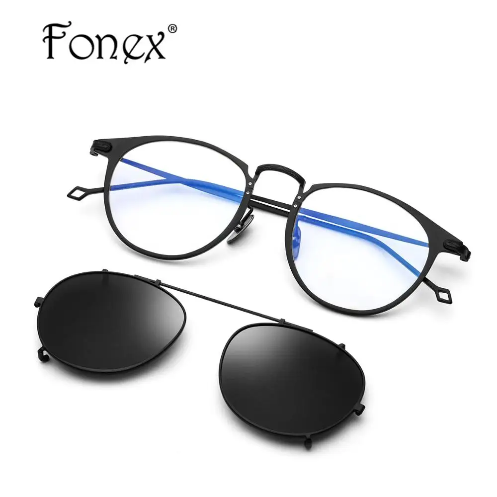 FONEX, оправа для очков из чистого титана, мужские поляризованные солнцезащитные очки на застежке, оправа для очков по рецепту, женские круглые оптические очки 502 - Цвет оправы: Черный