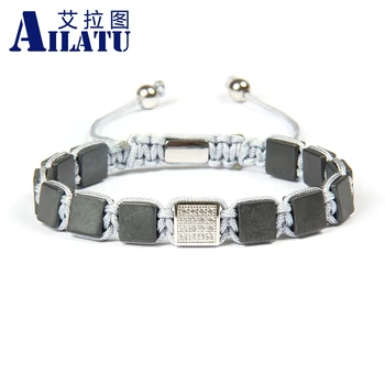 

Ailatu Wholesale 10pcs/lot 8x8mm Matte Hematite Stone FlatBead Geometric Square Braided Stainless steel Bracelet Nice Gift