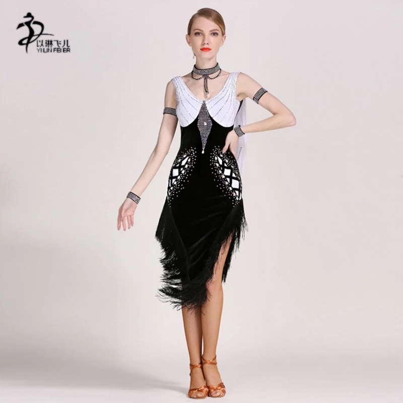 

Women salsa dance dresses Tassel drilling decoration tango latin dance costumes latin dance competetion dress for girls