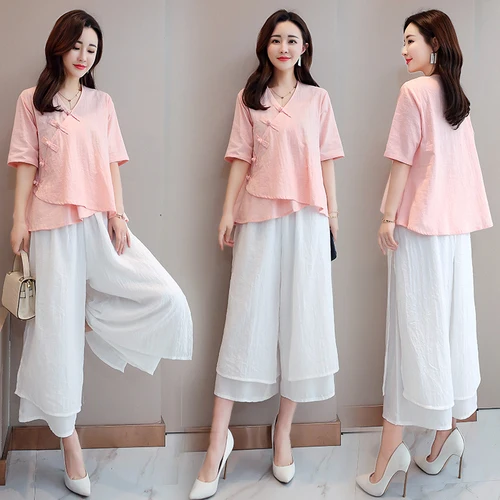 

Chinese Style 2 Piece Set Women Wide Leg Pants Ensemble Femme Deux Pieces Sash New Conjunto Feminino Women's Summer Suit Ukraine