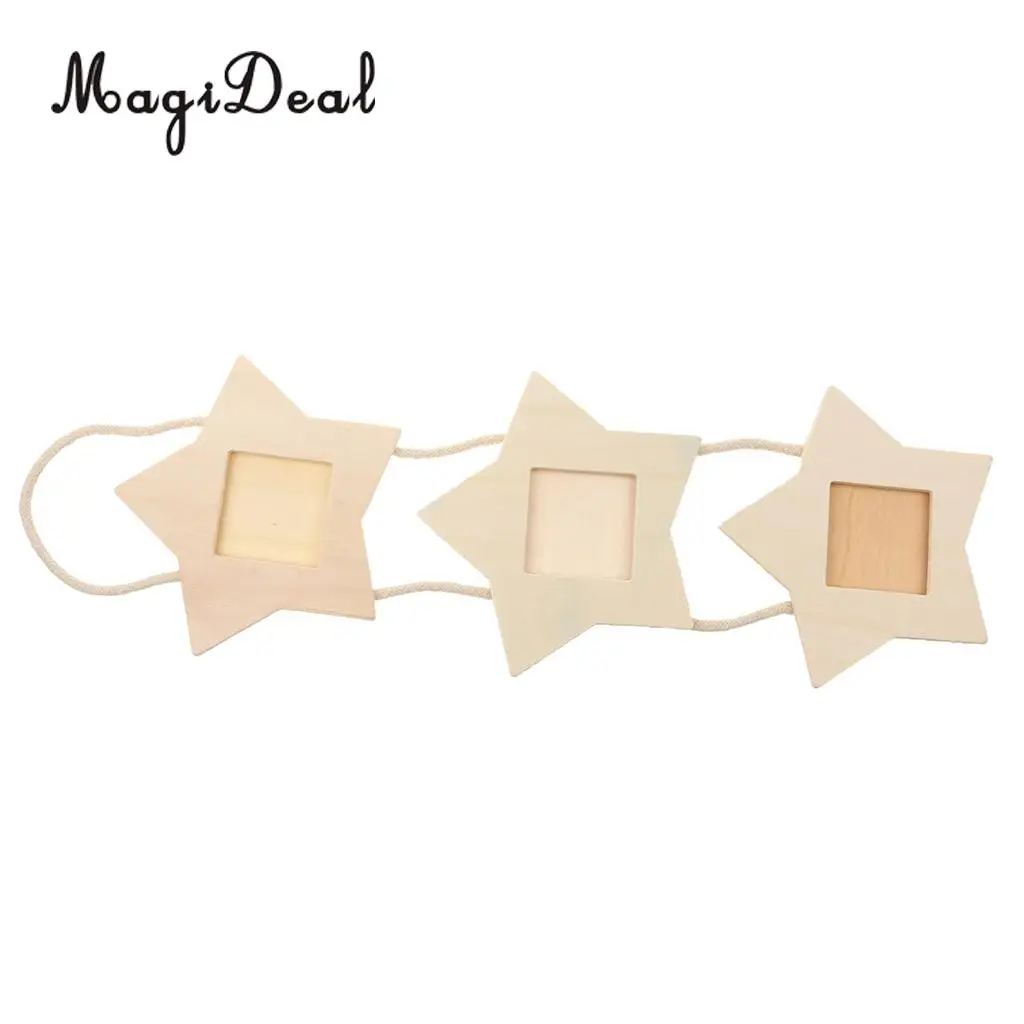 MagiDeal Rustic Wooden Stars Triple Hanging Photo Frames DIY Pictures Album Stand Kraft Home Wedding Engagements Decoration 
