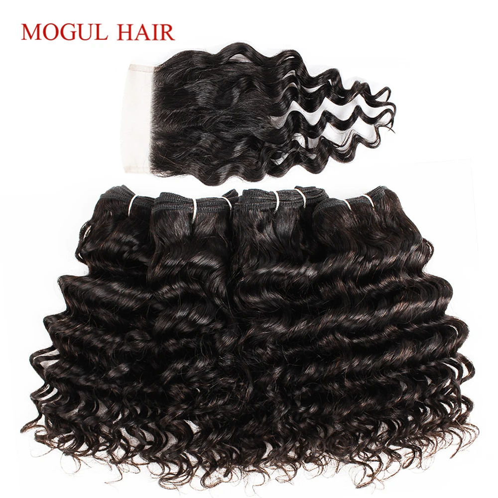 

MOGUL HAIR 4 Bundles with Closure Deep Wave Bundles 50g/pc Brazilian Non Remy Human Hair Natural Color Brown Ombre Honey Blonde