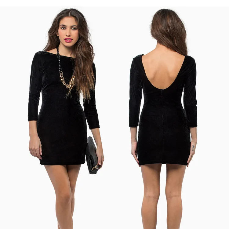 Short black velvet dress with long sleeves