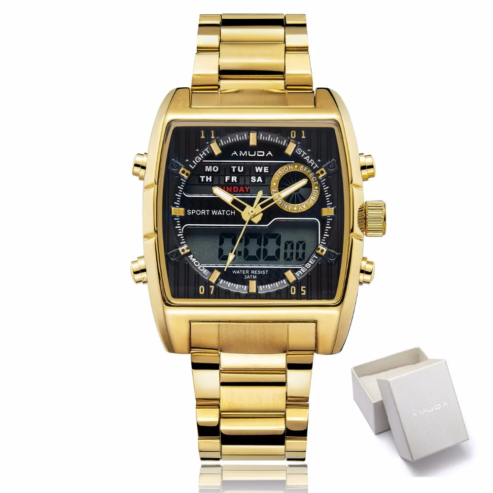 2018 AMUDA Gold Watch Men Doule Movement Analog-Digital Male Clock Dual Time Golden Quartz Waterproof Relogio Masculino | Наручные часы