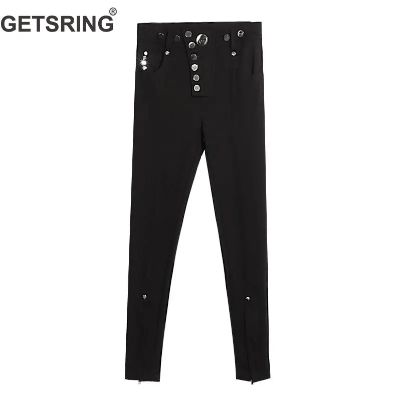 

GETSRING Women Jeans Metal Button Split Women Black Jeans High Waisted Denim Pants All Match Denim Pencil Pants Long Trousers