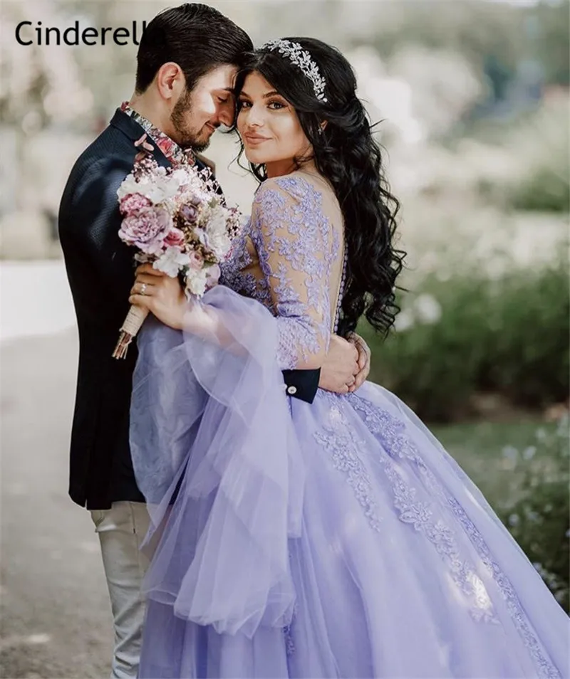 

Cinderella Lavender Long Sleeves Sweep Train Covered Button Back Tulle Lace Applique Ball Gown Wedding Dresses vestido de noiva