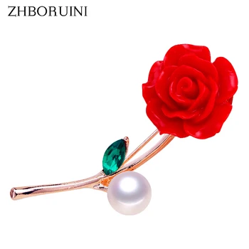

ZHBORUINI 2019 Pearl Brooch Vermilion Red Flower Pearl Breastpin Natural Freshwater Pearl Jewelry For Women High Guality Pin