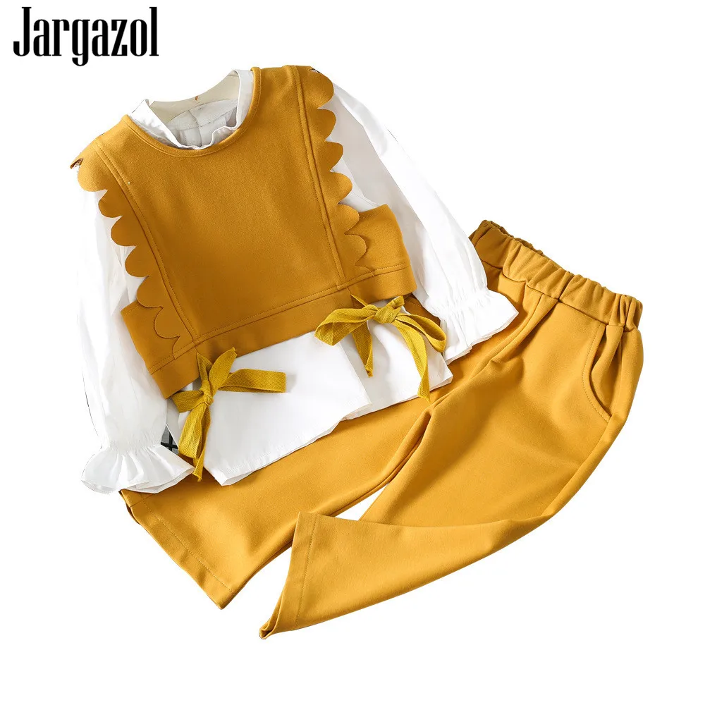 

Jargazol Baby Girls Clothing Set 3pcs Casual Kids Clothes Long Sleeve Shirts + Bow Vest + Pants Fashion Children's Clothing