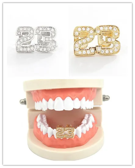 

Hip Hop Gold Number 23 Rhinestone Teeth Grills Top Dental Mouth Punk Fake Tooth Caps Cosplay Party Tooth Rock Rapper Body Jewelr