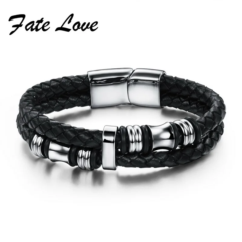 

2015 Fashion Black Double Layer Braided Leather Bracelet Men Stainless Steel Silver Bracelets Bangles with Magnetic Buckle 911