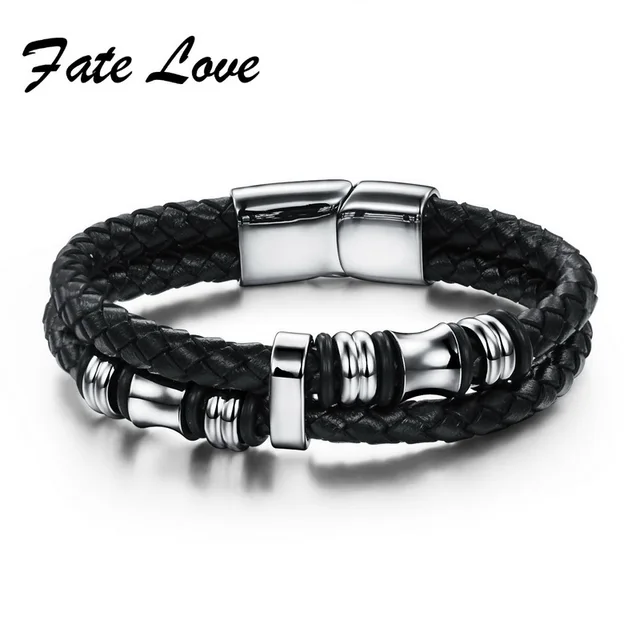 2017 Fashion Black Double Layer Braided Leather Bracelet Men 2017 Fashion Black Double Layer Braided Leather Bracelet Men Stainless Steel Silver Bracelets Bangles With Magnetic