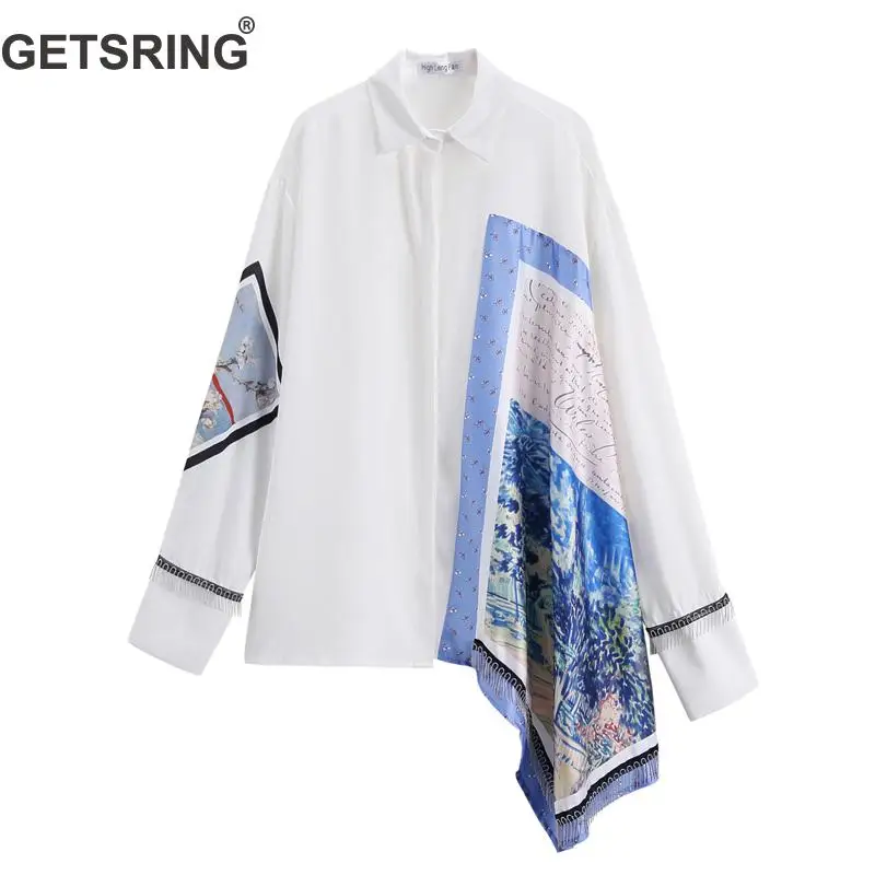 

GETSRING Women Shirt Irregular Patchwork Printing Color Matching White Womens Tops Blouses Asymmetry Long Casual Blouse 2019 New