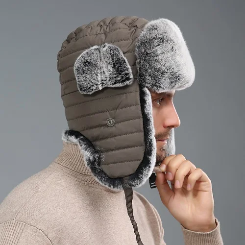 Women Real Rex Rabbit Bomber Hats Men Ushanka Trapper Hat Russian Snow Ski Cap Winter Warm Couples Caps Thermal Earmuffs earflap - Цвет: Dark Khaki
