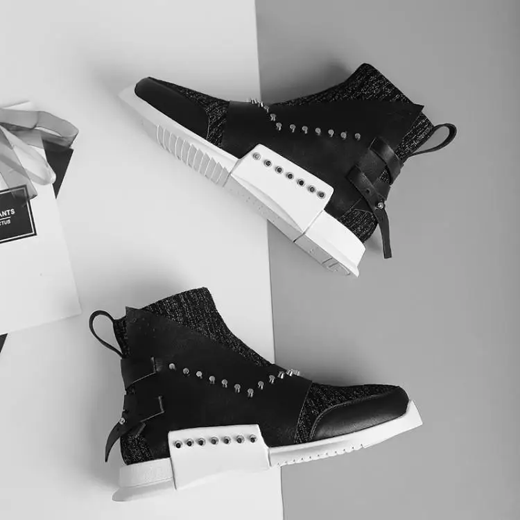 

Special Designers Mixed Color Patchwork Silver Leather Black Stretch Fabric Ankle Boots For Women Round Toe Rivets Slip On Shoes