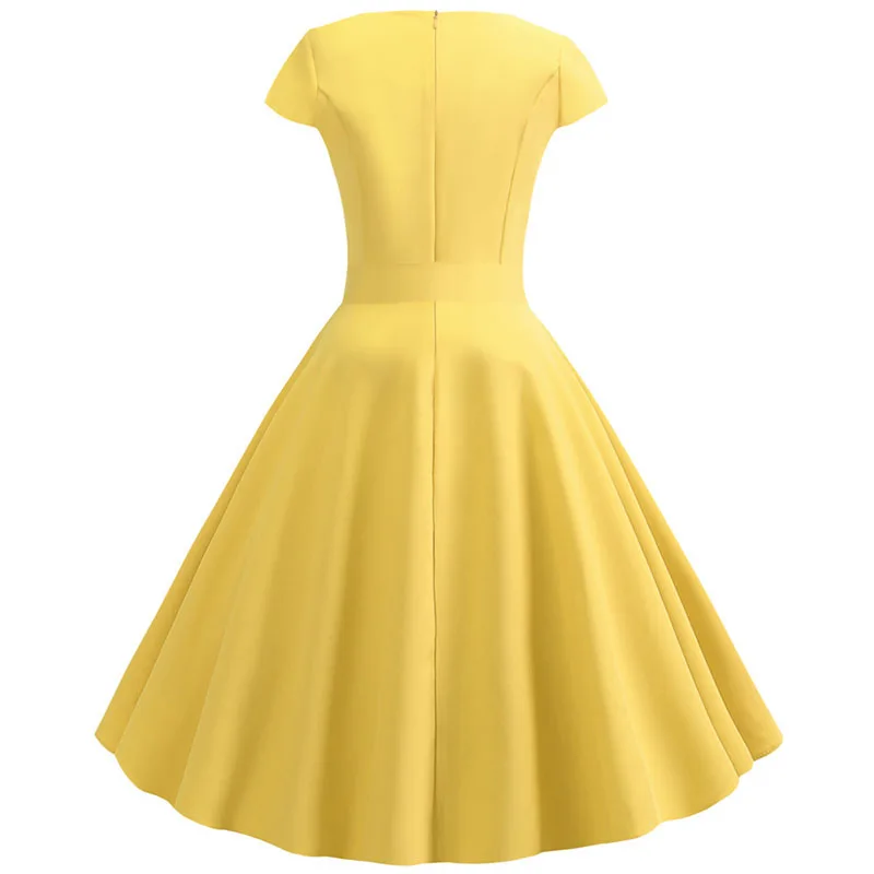Желтое однотонное летнее платье в винтажном стиле, женские платья в стиле рокабилли, элегантное платье размера плюс, Повседневные Вечерние Платья Миди Vestidos