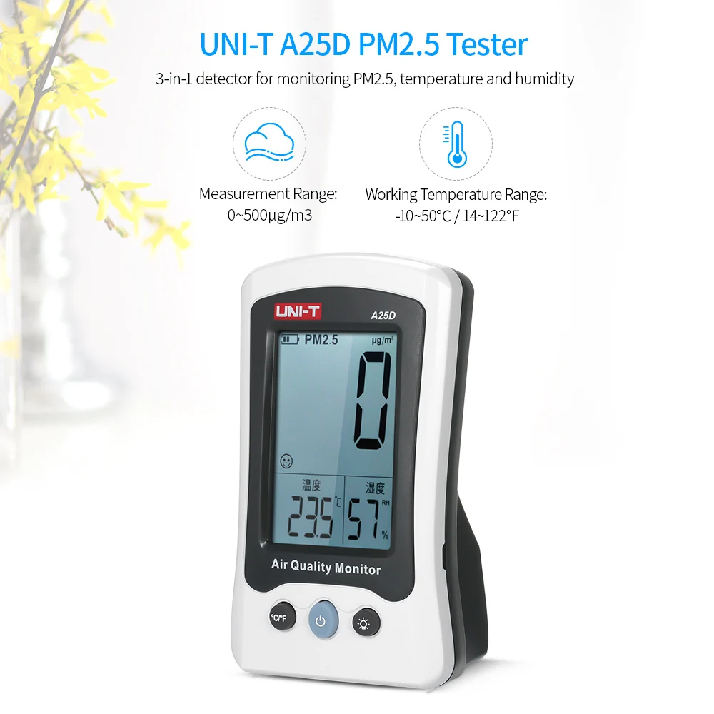 UNI-T A25D PM2.5 тестер Температура и измеритель влажности PM2.5 мониторинга качества воздуха Перезаряжаемые PM2.5 детектор термометр