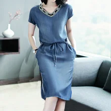 Синее джинсовое платье женское летнее Новое модное с коротким рукавом v-образным вырезом Свободные повседневные женские платья размера плюс