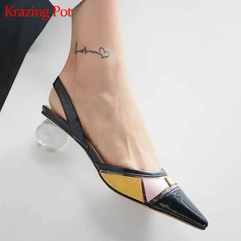 

Krazing pot genuine leather summer shallow slip on superstar princess party European elegant round crystal med heels pumps l1f1