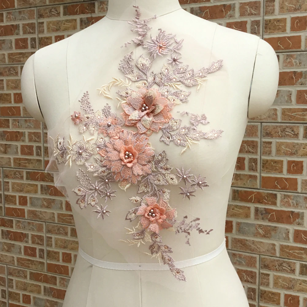 Women 3D Embroidery Wedding Elegant Bridal Dress DIY Floral Beaded Tulle Lace Applique Stage Costume Part | Дом и сад