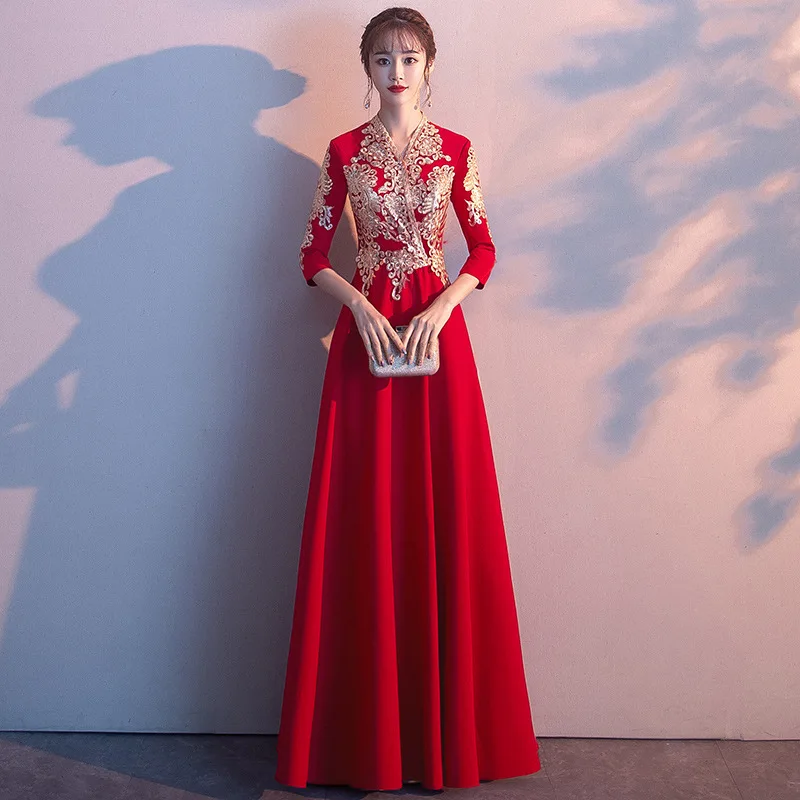 Бордовое китайское традиционное женское платье Чонсам с вышивкой Vestidos Chinos восточные свадебные платья вечерние платья Размер XS-3XL