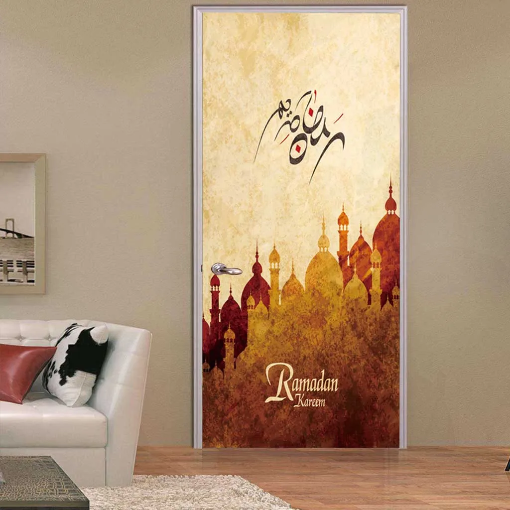 Праздник Рамадан, наклейка на дверь, сделай сам, домашний декор, самоклеющиеся Резиновые обои, дверь, водонепроницаемая Фреска, украшение двери спальни