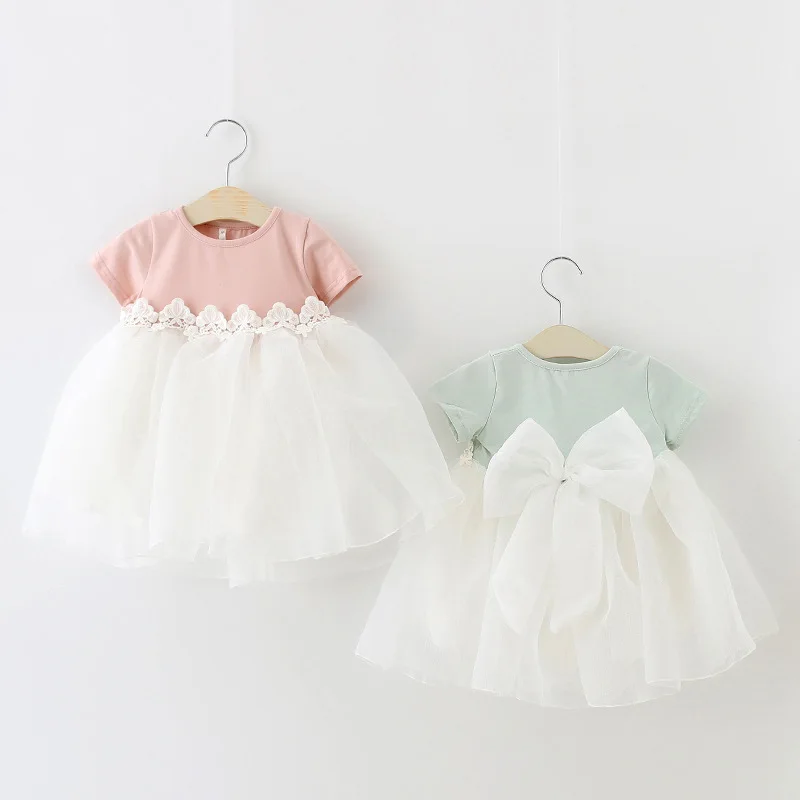 

AMISSA New Summer Baby Girl Dress Party and Wedding Short Sleeve O-Neck Cotton Mesh Bow Tulle Princess Dresses Newborn