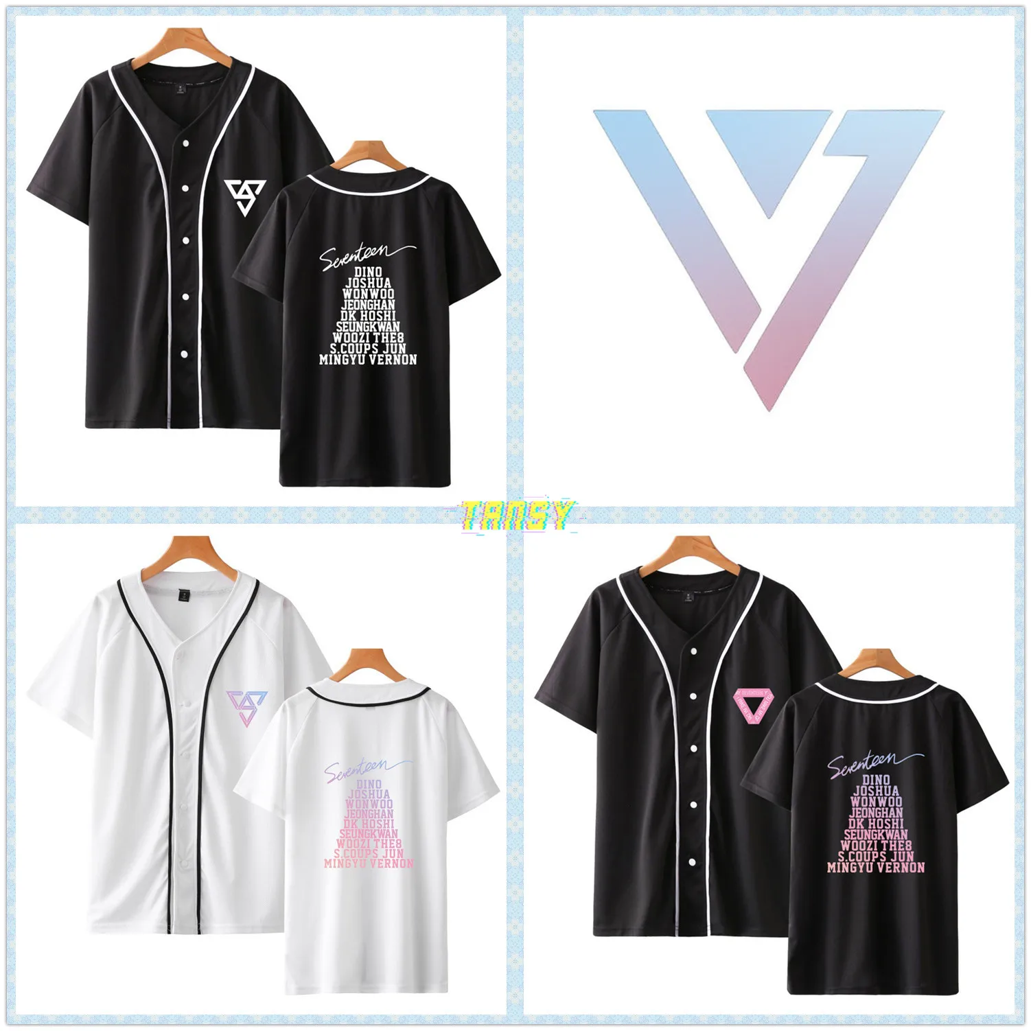 

2019 Kpop SEVENTEEN Print Looser Fit Full-length Front Button Short Sleeve Shirt Mens/Women Thin Baseball Jersey Tops
