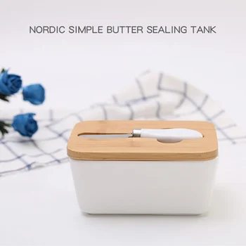 

Porcelain Butter Dish with Wooden Lid Cutter Insulated Storage Container -Drop