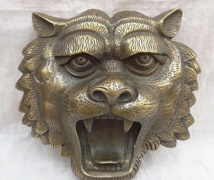 

JP S0608 10" Chinese Bronze Year Zodiac Wealth Wild Tiger Teeth Face Head Mask Statue B0403