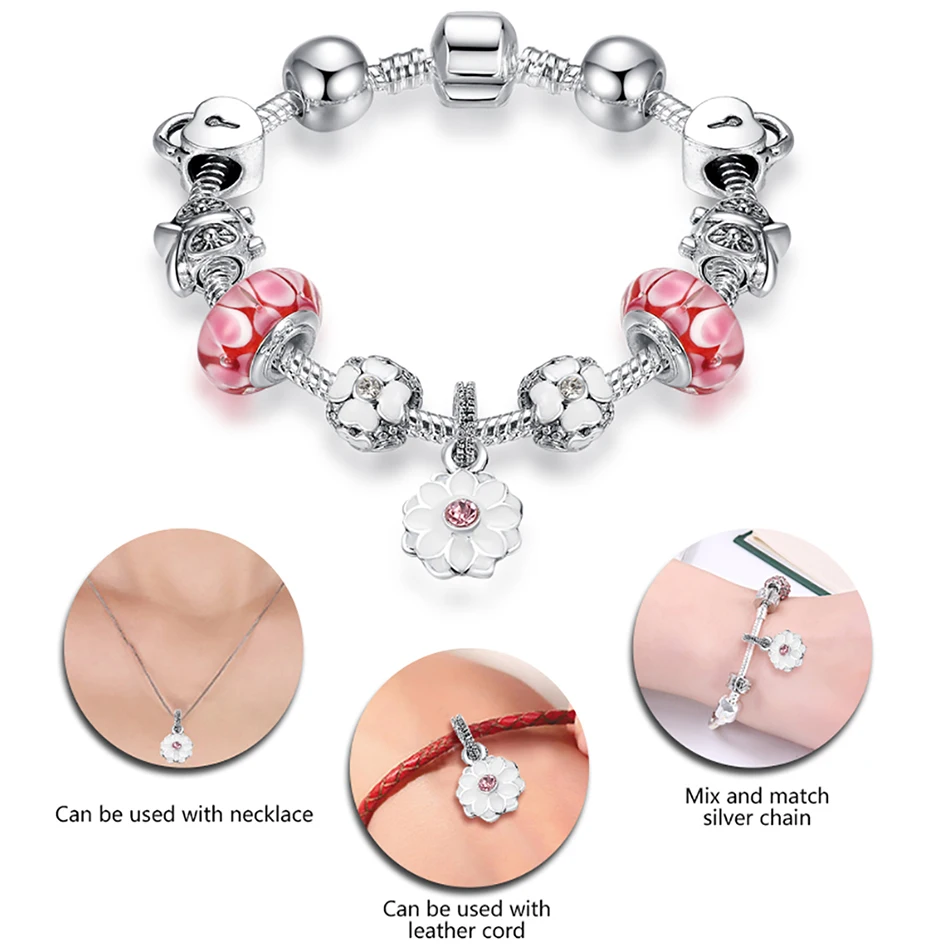 ELESHE Authentic Silver Color Snake Chain DIY Flower Charm Bracelet & Bangle Fashion Jewelry for Women Gift