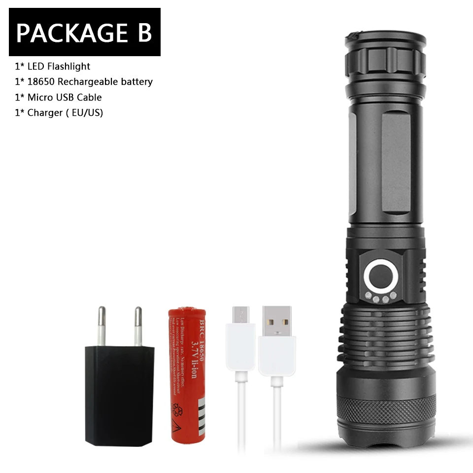 Package B Светодиодный фонарик cree xhp50, зарядка через usb, растягивающийся, ударопрочный, мощный, 18650 или 26650, перезаряжаемый фонарик - Испускаемый цвет: Package B