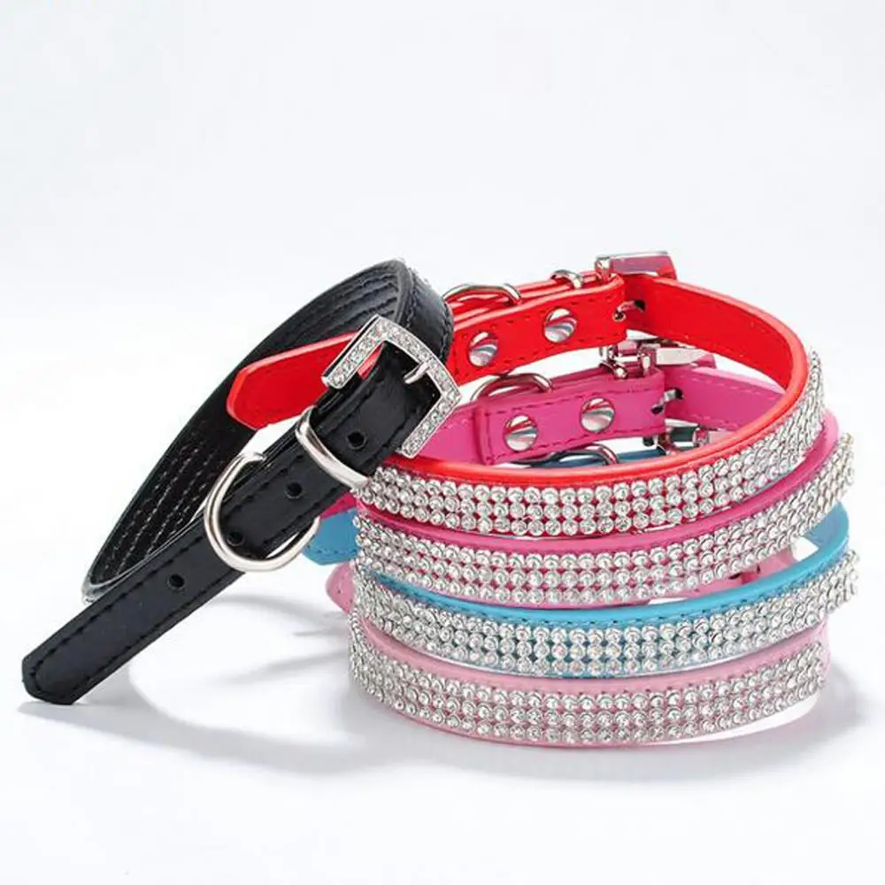 3 Rows Luxury Crystal Rhinestone Leather Dog Collar Buckle Puppy
