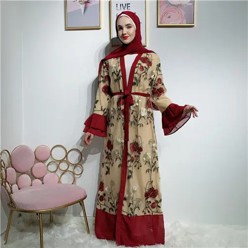 Вышитый кружевной женский мусульманский кардиган «абайя» Jilbab расклешенный кафтан свободные арабские Макси Ropa islam ica Mujer islam молитвенная одежда - Цвет: wine red