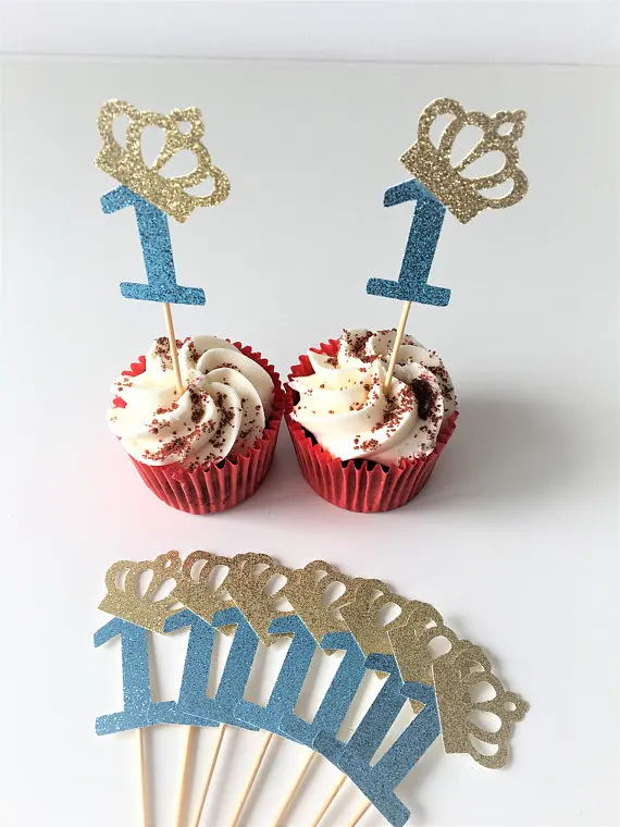 20pcs Boy girl One Crown Cupcake Topper, First Birthday, Glitter Cake Top,Number 1 Cupcake, Princess Birthday, Special Custom