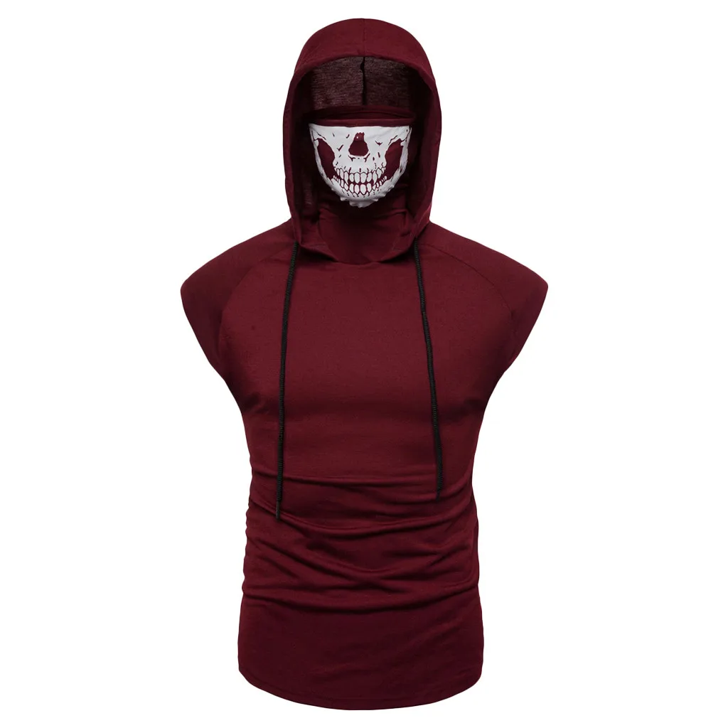 Wine Red Стиль, Лидер продаж, мужской однотонный пуловер с маской и черепом, толстовка без рукавов с капюшоном, топы, блузки, распродажа высокого качества - Цвет: Wine Red