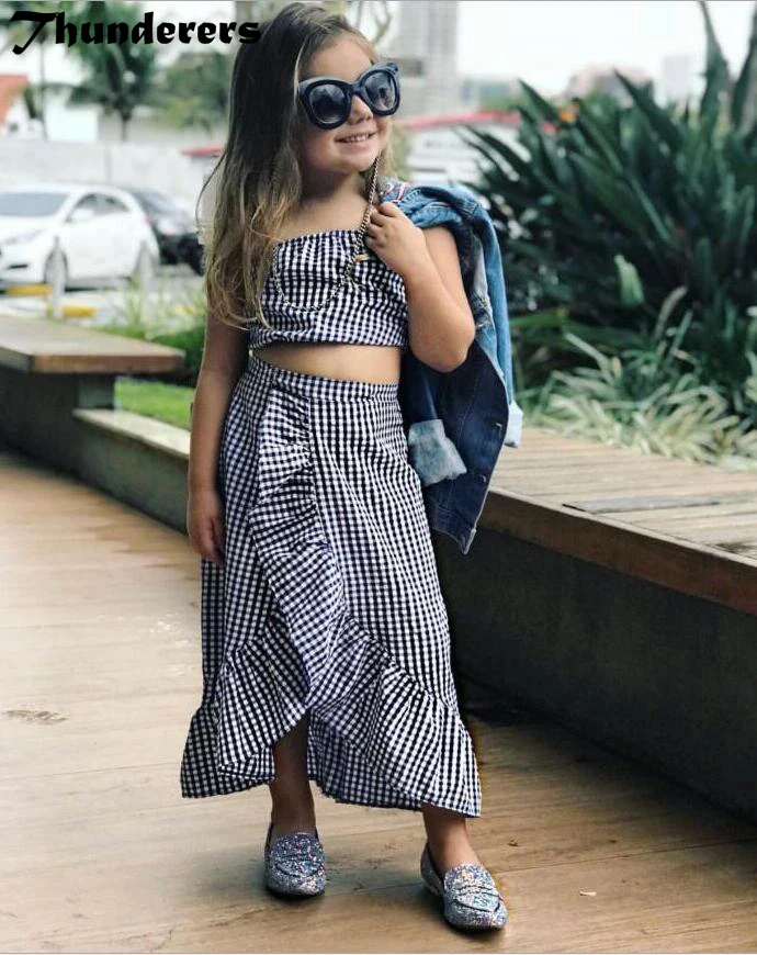 

New Girls Outfit Set 2 Pcs Black White Plaid Clothing Set Shoulder Off Shirt With Fish Tail Skirt For Girls Summer Clothes Sets