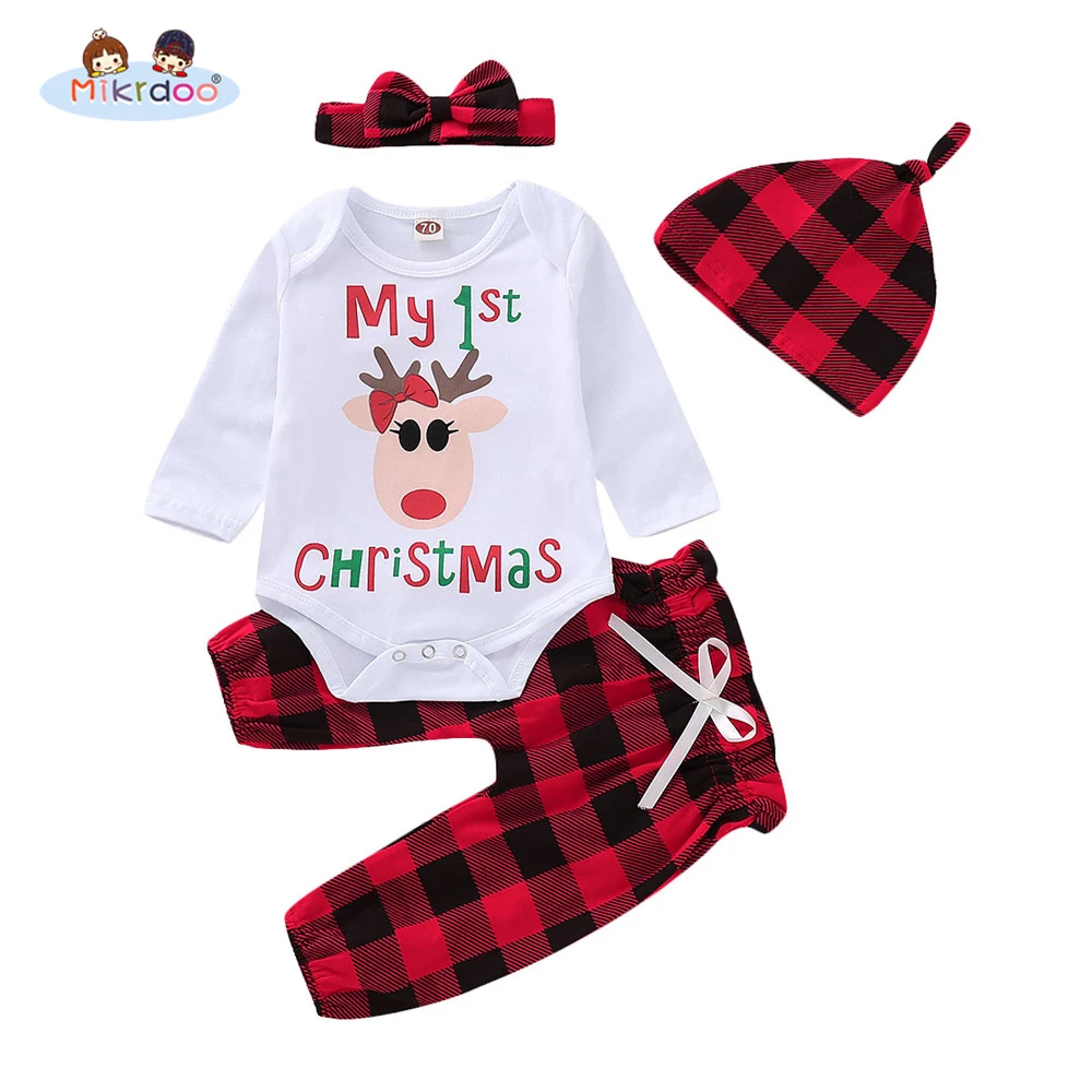 

Toddler Newbonr Baby Boys Girls My1st Christmas Letters Print Clothes Set Deer Print Romper Plaid Pant Hat Headband 4PCS Outfit