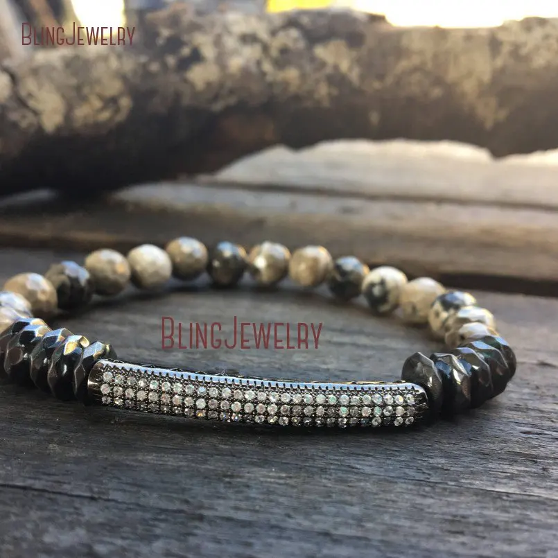 20180409-BM10765-Pave Bar Agate Beaded Stretch Bracelet Shabby Chic Stretch Bracelet Boho Cz Layering Beaded Bracelet Stackable Bracelet Micro Pave_1