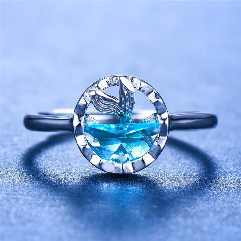 Милое женское кольцо русалки с голубым топазом, настоящее 925 пробы Серебряное Открытое кольцо, обручальные кольца для женщин