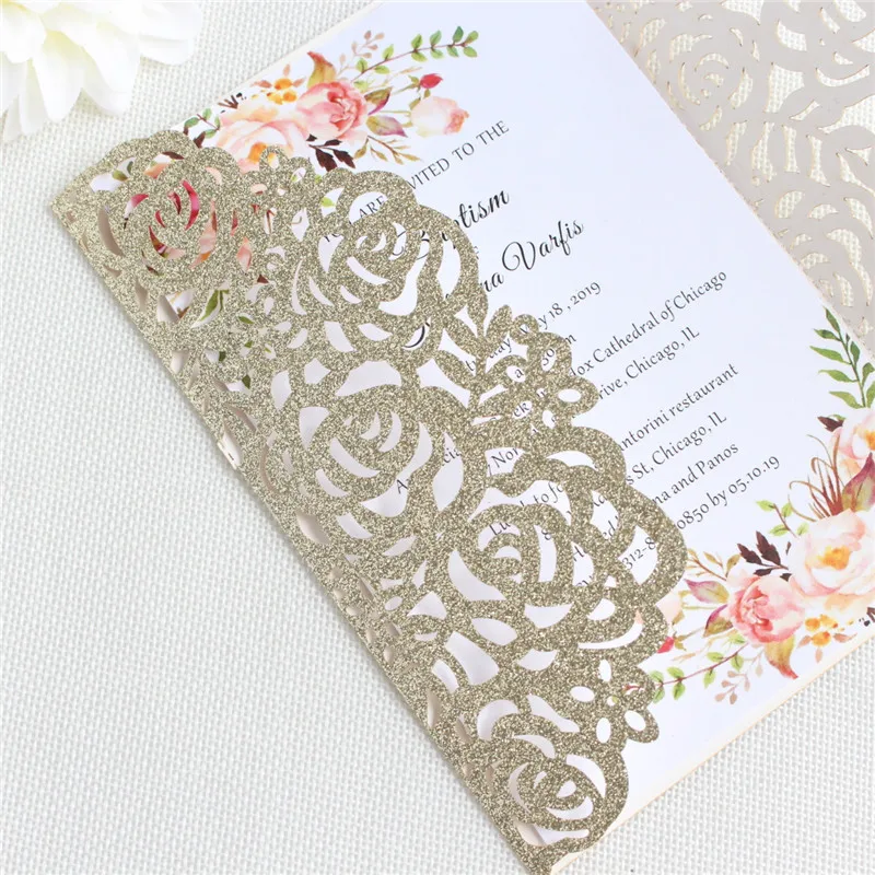 Пригласительная свадебная открытка блестящая Роза лазерная резка с лентой