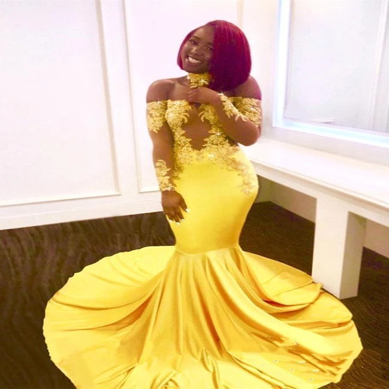 

Yellow African Mermaid Prom Dresses Long Lace Off Shoulder Long Sleeves See Through Sweep Train Formal Evening Party Wear Gowns