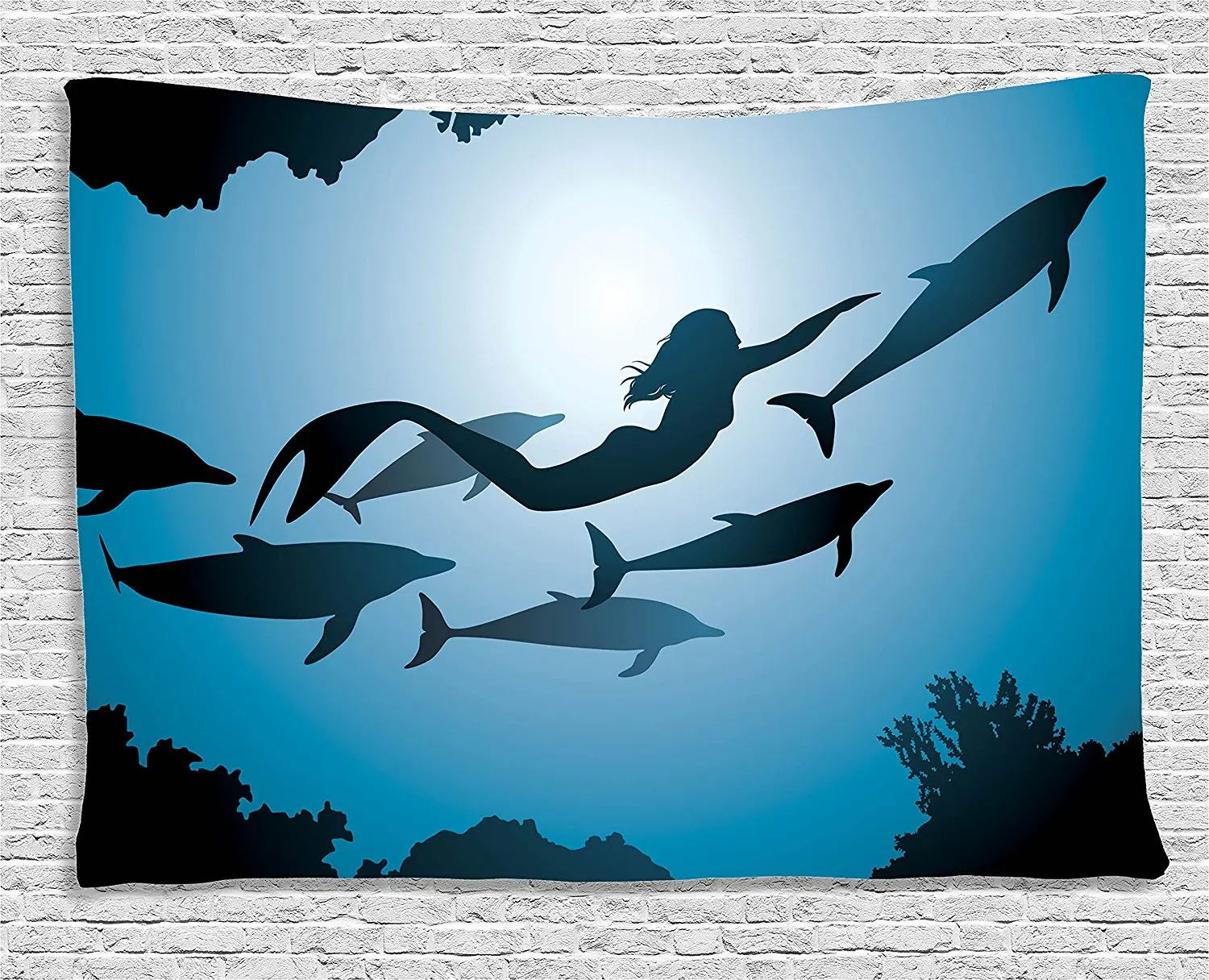 Mermaid Decor Tapestry The Mermaid and Dolphins Underwater View